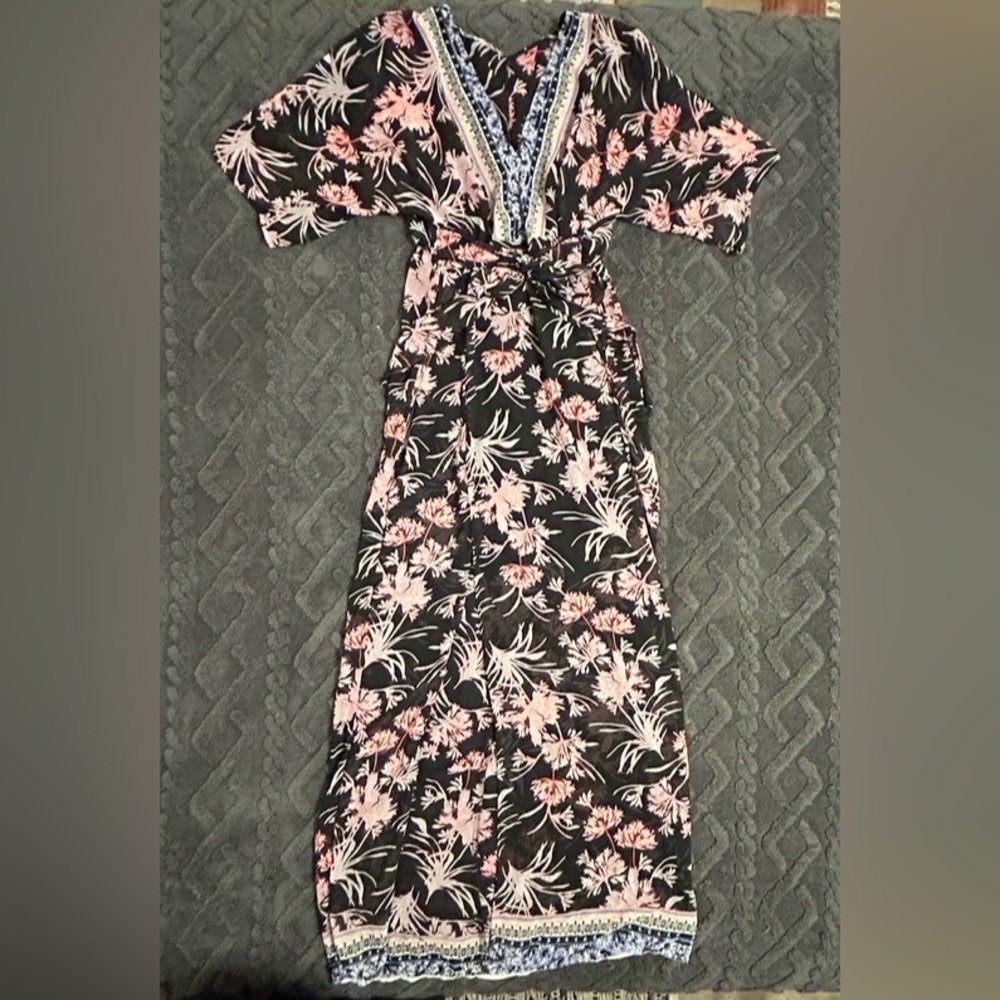 NEW EXPRESS Boho V-Neck Floral Kimono Style Maxi Dress w/ Slit Black Pink White - Picture 3 of 14
